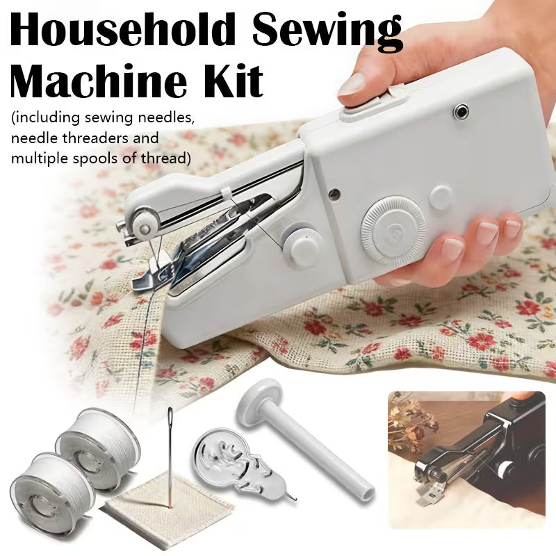 Compact Handheld Sewing Machine Kit - Portable Sewing Machine, Fast Sewing, Portable Quick Sewing Tool for Fabrics, Garments, Etc. - Battery Powered (Includes Needle, Needle Threader, Thread Spool Pin, Fabric Sample, Two Bobbins)