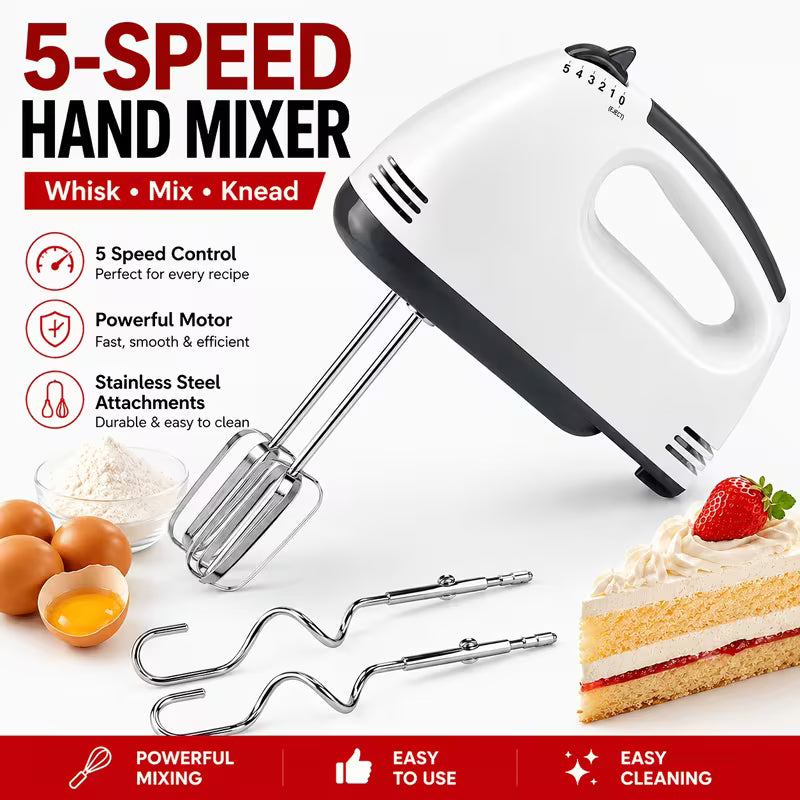 Handheld Electric Mixer 5-Speed, Whisk And Dough Hooks Included, Lightweight Kitchen Mixer for Whipping Cream, Beating Eggs, Mixing Batter, Kneading Dough