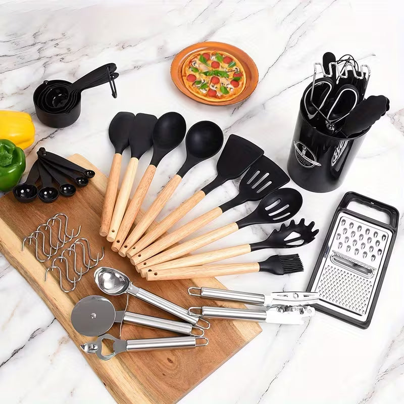 37/44pcs Complete Silicone Kitchen Cooking Utensil Set, Ultra Cost-Effective All-In-One Kitchen Gadgets, High Heat Resistant Non-Stick Cookware Tools, Dishwasher Safe, Ideal for Cooking Beginners And Kitchen Enthusiasts, Perfect Holiday Gift