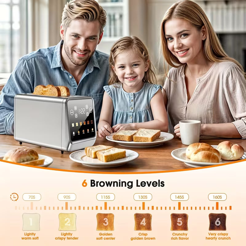 Touch Screen Toaster 2 Slice, Stainless Steel Smart Digital Toasters With Memory Function, 5 Bread Types & 6 Shade Settings, 1.5" Toasters 2 Slice Wide Slot, 900W