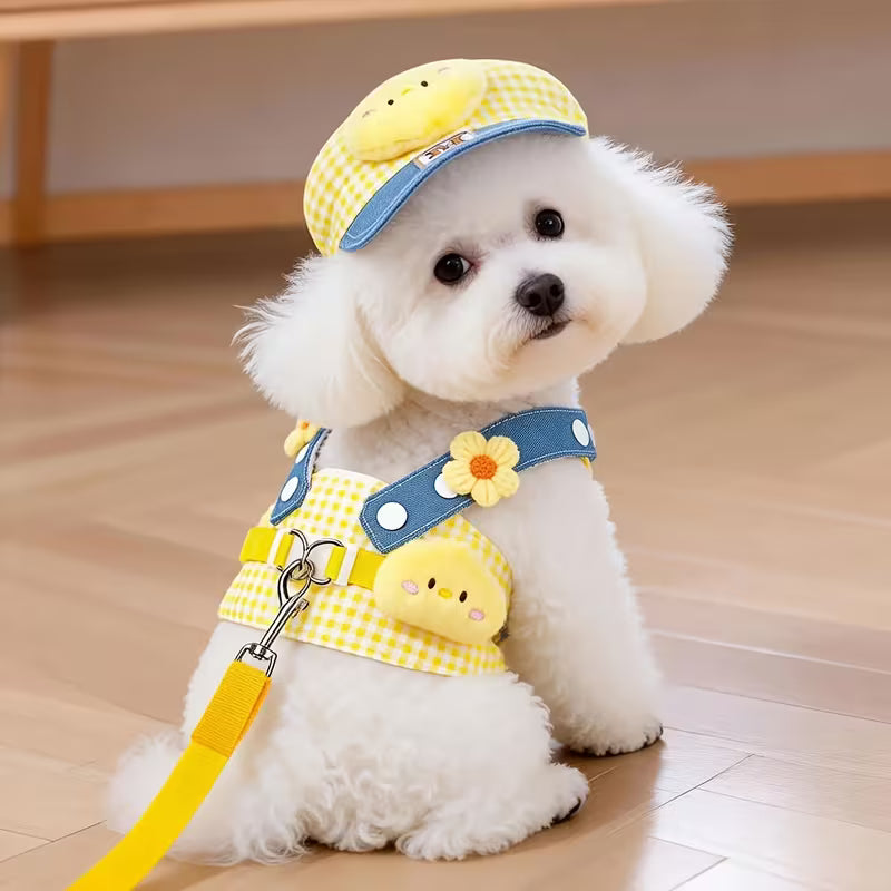 3-in-1 Dog Leash & Visor Harness System with Anti-Pull Chest Strap - Soft Adjustable Harness Suitable for Bichon, Yorkshire Terrier, Chihuahua, Machine Washable Yellow Plaid Leash for Small to Medium Dogs, Outdoor Walking Gear