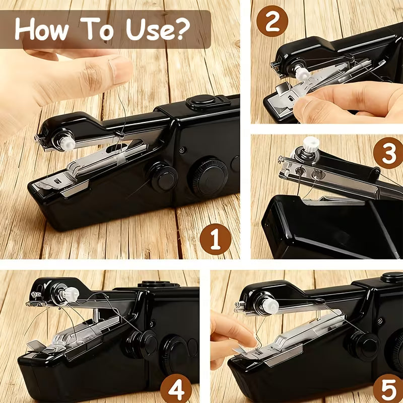 Compact Handheld Sewing Machine Kit - Portable Sewing Machine, Fast Sewing, Portable Quick Sewing Tool for Fabrics, Garments, Etc. - Battery Powered (Includes Needle, Needle Threader, Thread Spool Pin, Fabric Sample, Two Bobbins)