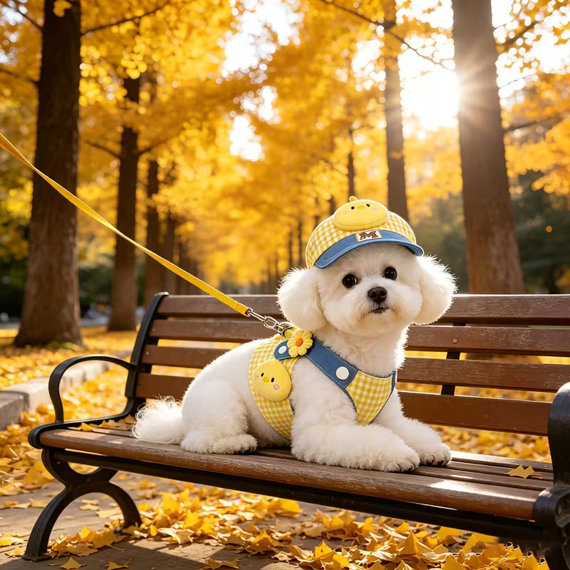 3-in-1 Dog Leash & Visor Harness System with Anti-Pull Chest Strap - Soft Adjustable Harness Suitable for Bichon, Yorkshire Terrier, Chihuahua, Machine Washable Yellow Plaid Leash for Small to Medium Dogs, Outdoor Walking Gear