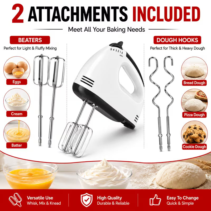 Handheld Electric Mixer 5-Speed, Whisk And Dough Hooks Included, Lightweight Kitchen Mixer for Whipping Cream, Beating Eggs, Mixing Batter, Kneading Dough