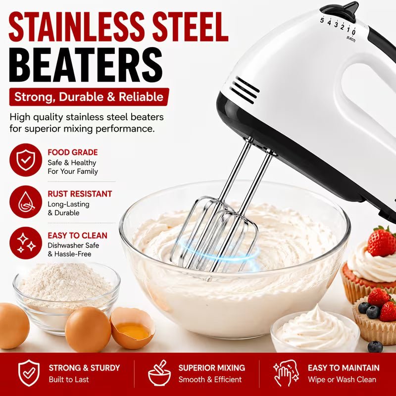 Handheld Electric Mixer 5-Speed, Whisk And Dough Hooks Included, Lightweight Kitchen Mixer for Whipping Cream, Beating Eggs, Mixing Batter, Kneading Dough