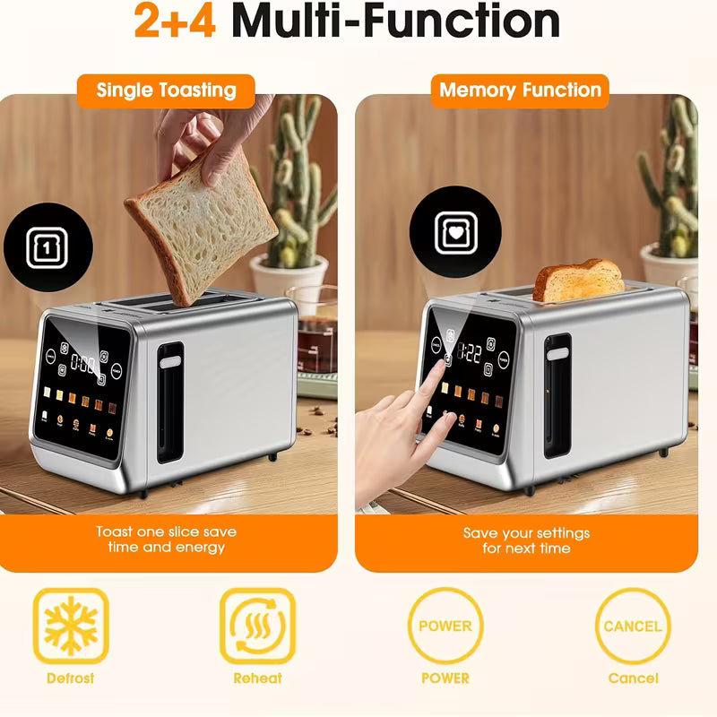 Touch Screen Toaster 2 Slice, Stainless Steel Smart Digital Toasters With Memory Function, 5 Bread Types & 6 Shade Settings, 1.5" Toasters 2 Slice Wide Slot, 900W