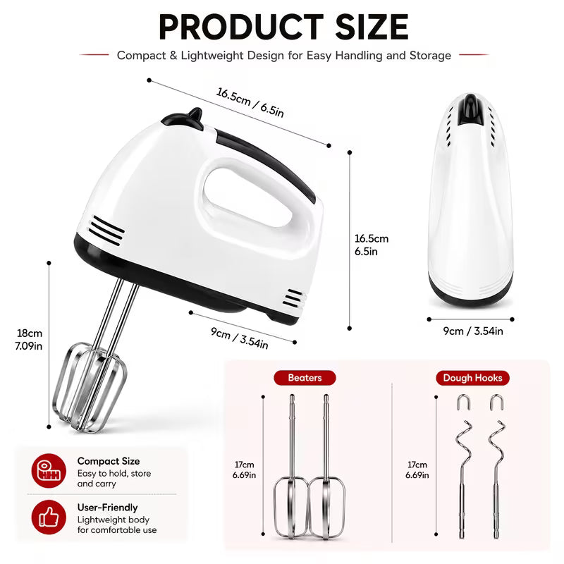 Handheld Electric Mixer 5-Speed, Whisk And Dough Hooks Included, Lightweight Kitchen Mixer for Whipping Cream, Beating Eggs, Mixing Batter, Kneading Dough