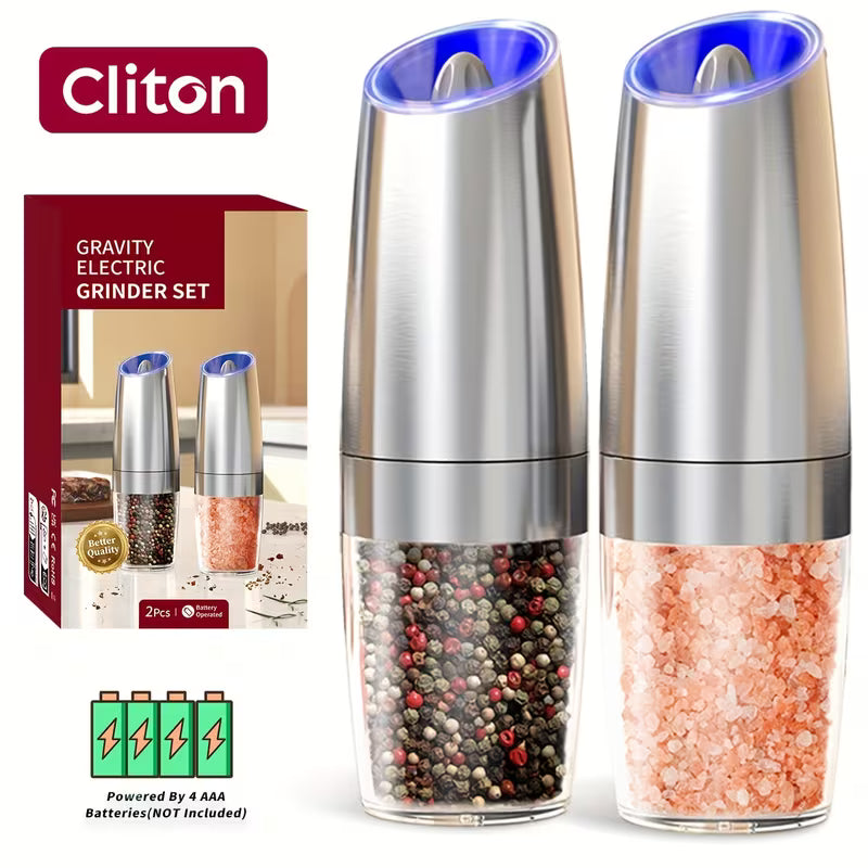 1pc/2pcss Electric Salt And Pepper Grinder, Automatic Pepper Mill, Salt And Pepper Grinder Electric 2pcs, Tilted Automatic Grind With LED Light, Battery Powered, Adjustable Coarseness, Easy To Clean, One-Hand Operation, Kitchen Essential, Gift Idea