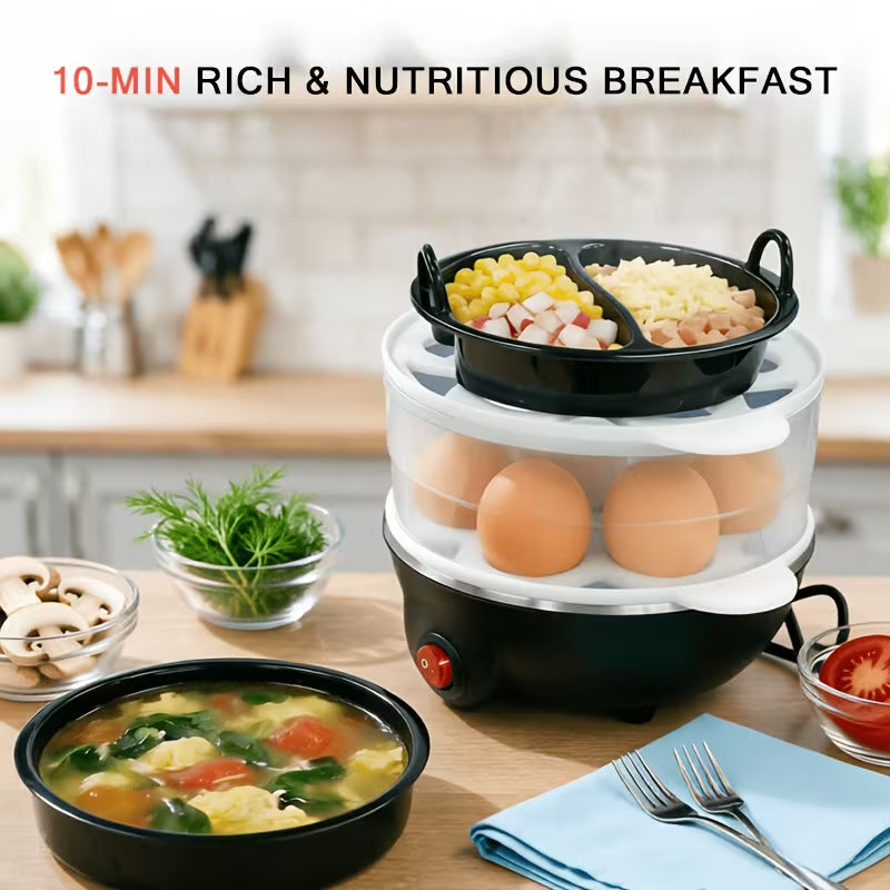 1-Layer/2-Layer Electric Egg Cooker, Rapid Egg Boiler with Auto Shut-Off, Multi-Functional Egg Poacher for Soft Medium Hard Boiled Eggs, Mini Food Steamer for Corn, Potatoes, Vegetables, Easy to Operate