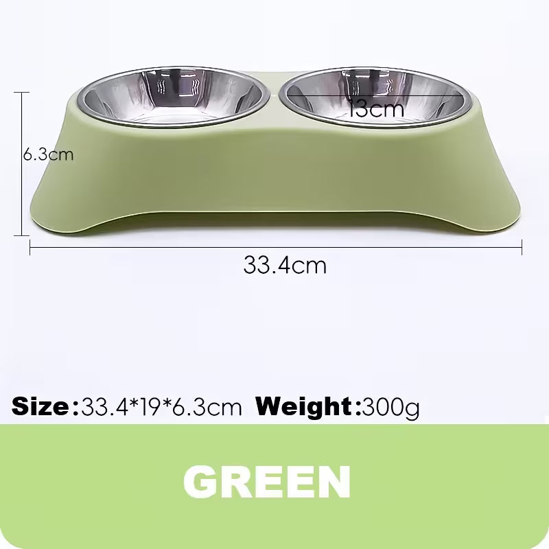 Pink/Green Inclined Plane Design Not Easy to Flip Stainless Steel Double Pet Bowls, Double Bowls Water And Food Bowl - Large Capacity, Non-Slip Feeding Dish Set