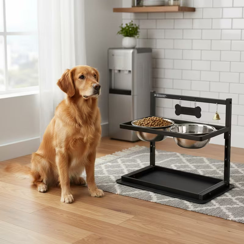 Adjustable Elevated Dog Bowl Stand, Raised Bowl Holder for Medium and Small Dogs, Metal Dog Bowl with Two Stainless Steel Food Bowls