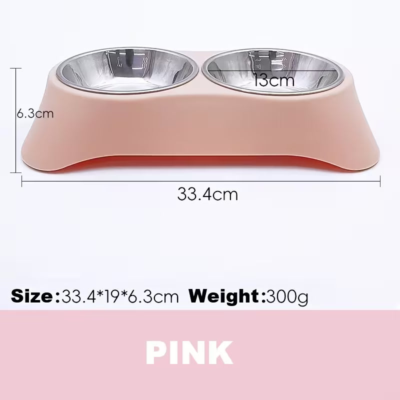 Pink/Green Inclined Plane Design Not Easy to Flip Stainless Steel Double Pet Bowls, Double Bowls Water And Food Bowl - Large Capacity, Non-Slip Feeding Dish Set