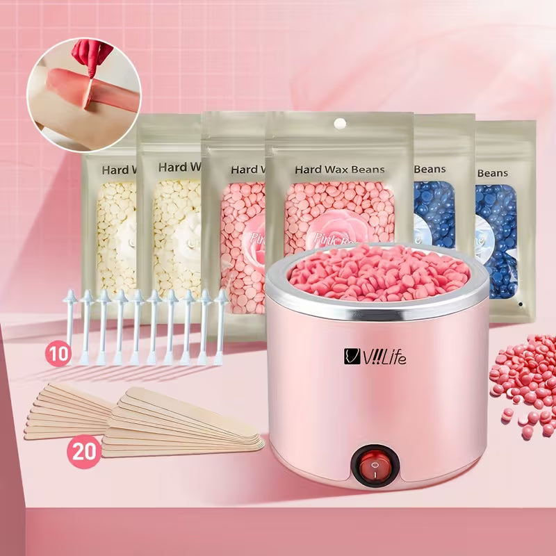 Wax Kit Hard Wax for Hair Removal 6 Packs Wax Beads Waxing Kit for Women Hot Wax Warmer Pot for Face, Eyebrow, Body, Bikini with 20pcs Wood Sticks And 10pcs Nose Wax Sticks