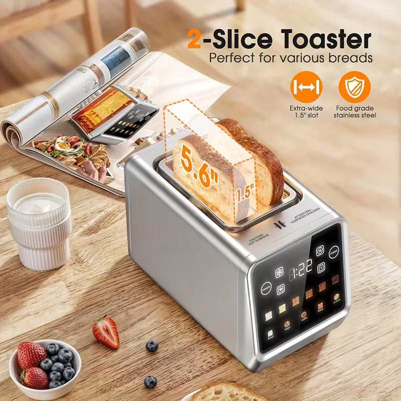 Touch Screen Toaster 2 Slice, Stainless Steel Smart Digital Toasters With Memory Function, 5 Bread Types & 6 Shade Settings, 1.5" Toasters 2 Slice Wide Slot, 900W