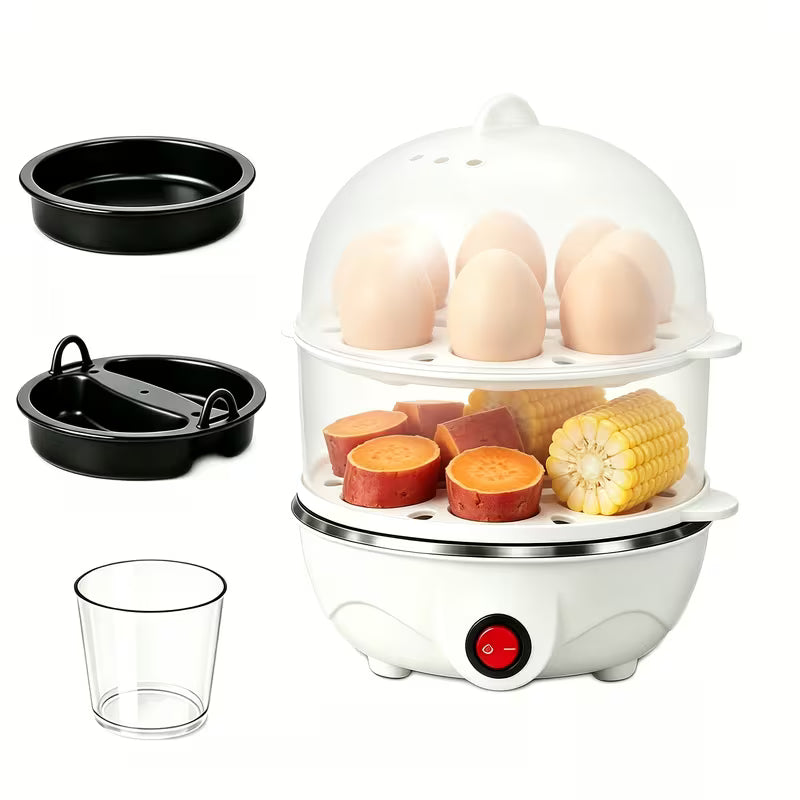1-Layer/2-Layer Electric Egg Cooker, Rapid Egg Boiler with Auto Shut-Off, Multi-Functional Egg Poacher for Soft Medium Hard Boiled Eggs, Mini Food Steamer for Corn, Potatoes, Vegetables, Easy to Operate