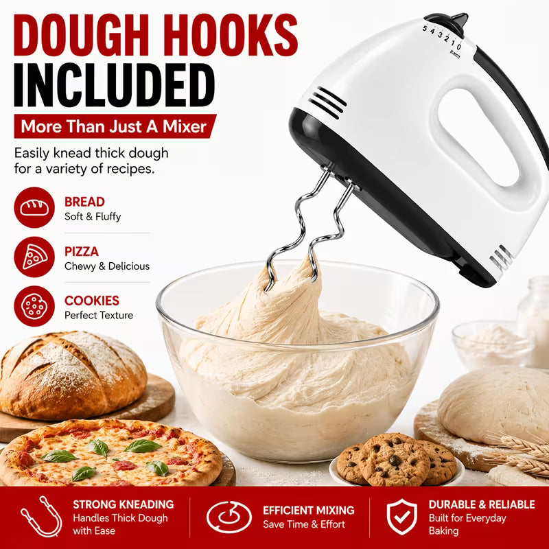 Handheld Electric Mixer 5-Speed, Whisk And Dough Hooks Included, Lightweight Kitchen Mixer for Whipping Cream, Beating Eggs, Mixing Batter, Kneading Dough