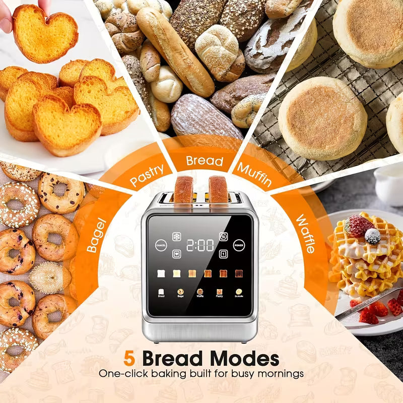 Touch Screen Toaster 2 Slice, Stainless Steel Smart Digital Toasters With Memory Function, 5 Bread Types & 6 Shade Settings, 1.5" Toasters 2 Slice Wide Slot, 900W