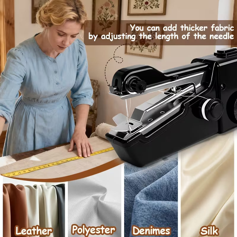 Compact Handheld Sewing Machine Kit - Portable Sewing Machine, Fast Sewing, Portable Quick Sewing Tool for Fabrics, Garments, Etc. - Battery Powered (Includes Needle, Needle Threader, Thread Spool Pin, Fabric Sample, Two Bobbins)