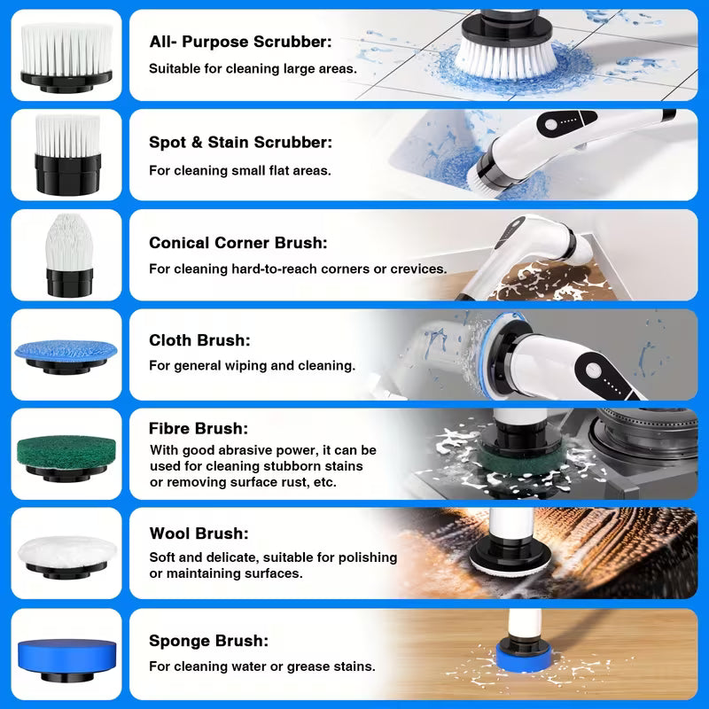 Multifunctional Cordless Electric Spin Scrubber, 7-in-1 Cleaning Brush with Adjustable Speed, 7 Replaceable Heads, Dual-Speed and Detachable Telescopic Handle, Suitable for Car, Kitchen, Living Room, Bathroom