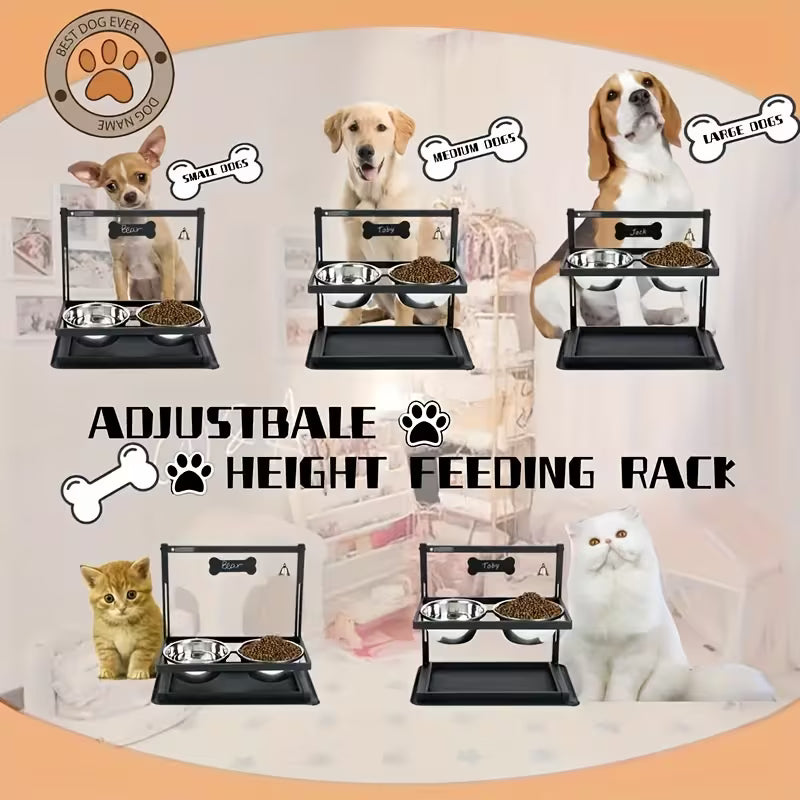 Adjustable Elevated Dog Bowl Stand, Raised Bowl Holder for Medium and Small Dogs, Metal Dog Bowl with Two Stainless Steel Food Bowls